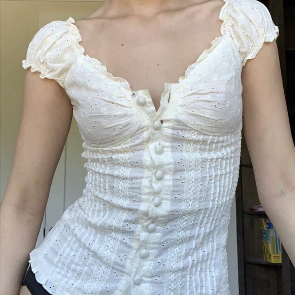 White Eyelet Button-Front Cap Sleeve Top